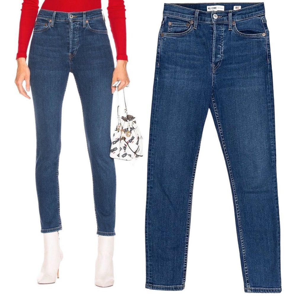 Re/Done Originals High Rise Ankle Crop Stretch Jeans in Medium 53 Denim Size 26